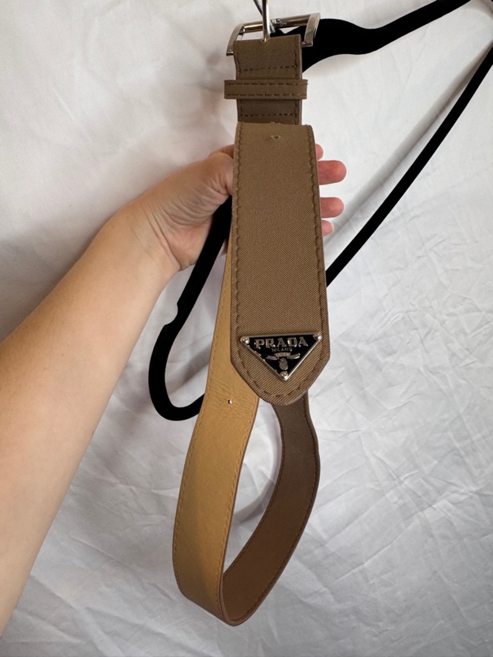 Prada Beige Canvas Strap with Silver Triangle Logo - Picture 4 of 8